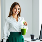 **

"A smiling woman in professional attire, fully clothed in a modest blouse and skirt, stands in a brightly lit, modern office. She holds a healthy green smoothie. Safe for work, appropriate content, perfect anatomy, natural pose, well-formed hands, proper finger count, high quality."

**