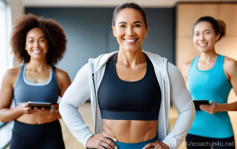 건강코칭 커뮤니티 운영 방법 - **Prompt:** A female health coach, in her early 30s, with a warm and genuine smile, stands in a brig...