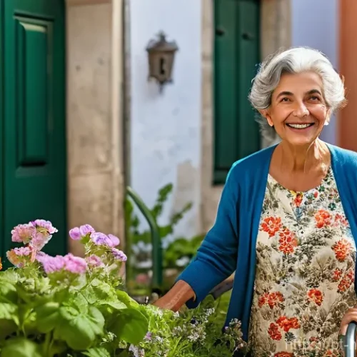 Home 27 건강코칭과 고령화 사회의 문제 - **Prompt:** A vibrant, cheerful older Portuguese woman, with elegant silver hair styled neatly, wear...