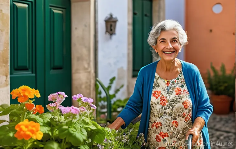 건강코칭과 고령화 사회의 문제 - **Prompt:** A vibrant, cheerful older Portuguese woman, with elegant silver hair styled neatly, wear...